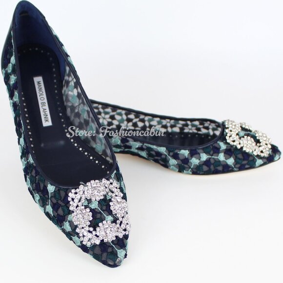 NEW MANOLO BLAHNIK Hangisi Lace Buckle Ballerina Flats - Picture 1 of 16
